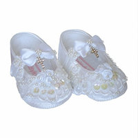 GIRLS CHRISTENING SHOES WHITE SATIN WITH BEADED LACE AND CRYSTAL CROSS, 3-6 MONTHS, CHARLOTTE