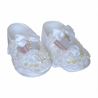 GIRLS CHRISTENING SHOES WHITE SATIN WITH BEADED LACE AND CRYSTAL CROSS, 3-6 MONTHS, CHARLOTTE
