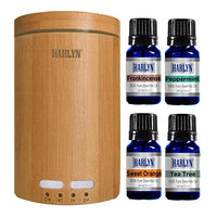 Harlyn Ultrasonic Real Bamboo Aromatherapy Essential Oil and Diffuser Set - 4-Pack Set - Peppermint, Tea Tree, Frankincense & Orange (10 mL each) - 7 LED Lights - Waterless Auto-shutoff & Timer