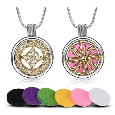 INFUSEU 2 Pack Aromatherapy Essential Oil Diffuser Necklace Two Patterns Pendant Locket Jewelry with 12PCS Refill Pads (Celtic Knot Cross + Daisy Flower)