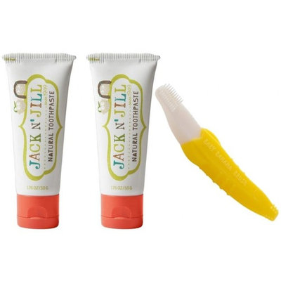 Jack N' Jill Natural Toothpaste, 50g (Set of 2) with Banana Toddler Toothbrush, Blueberry/Raspberry