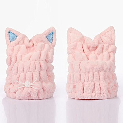 Womens Coral Fleece Hair dry Cap Ultra Absorbent Microfiber Drying Hat Cute Cartoon Cat Shower Hats Color Random(27cm23cm)