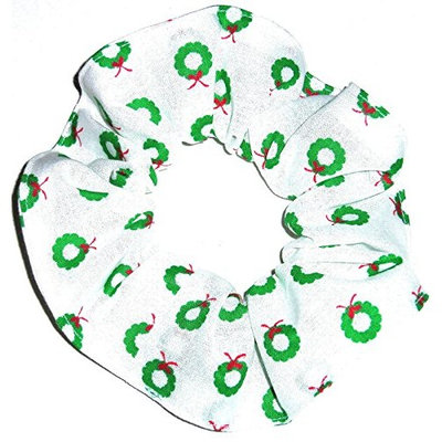 Christmas Wreaths White Fabric Hair Scrunchie Handmade by Scrunchies by Sherry