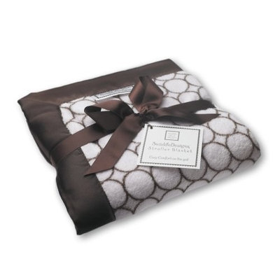 SwaddleDesigns Stroller Blanket, Cozy Microfleece, Brown Mod Circles on Pastel Pink with Satin Trim