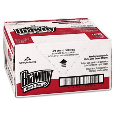 Georgia-Pacific Brawny Dine-A-Max® White-Green Stripe All Purpose Food Preparation and Bar Towel, 29416, HEF 1/4 Fold, 1 Box of 150 Towels