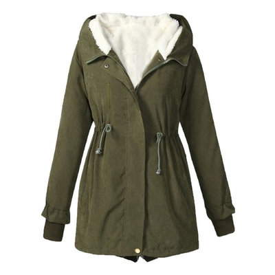 Women Casual Hooded Long Sleeve Wrap Fleece Slim Waist Drawstring Coat SPTE