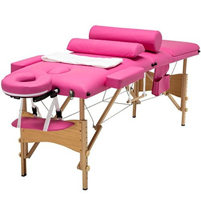 SUNCOO Portable Massage Table Folding Facial Bed lightweight Wood Frame with Carrying Case, 3 Fold Design,Including Sheet&2 Bolsters&Cradle&Hanger Pink