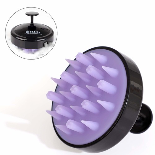Black HEETA palm-held shampoo brush with soft silicone scalp bristles