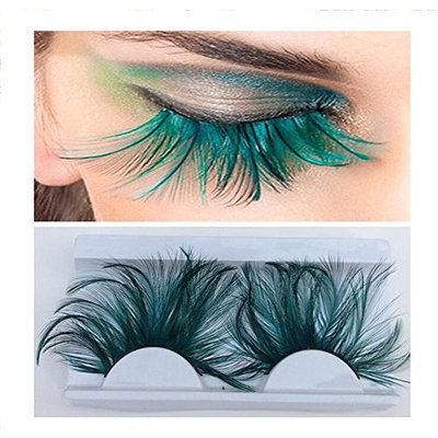 1 Pair Green Exaggerated Bushy Long Feather Lashes Flake False Eyelash Extension For Stage Costume Ball/Party Halloween