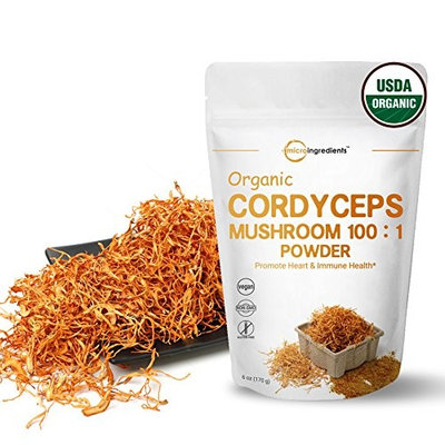 Maximum Strength Organic Cordyceps Mushroom 100:1 Powder, 6 Ounce, Powerful Immune System and Vascular Health Support. Non-Irradiated, Non-Contaminated, Non-GMO and Vegan Friendly.