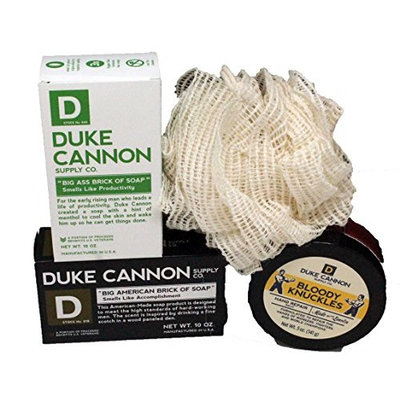 Duke Cannon For Men - 4 Pc Gift Set with 2 Duke Cannon Soaps, Bloody Knuckle Hand Cream and Natural Fiber Ramie Sponge