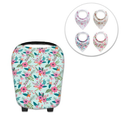 Besmall Breastfeeding Nursing Cover Scarf Baby Car Seat Canopy + 4 Drooling Bibs Unisex Snap Button Stretchy Multi-Use