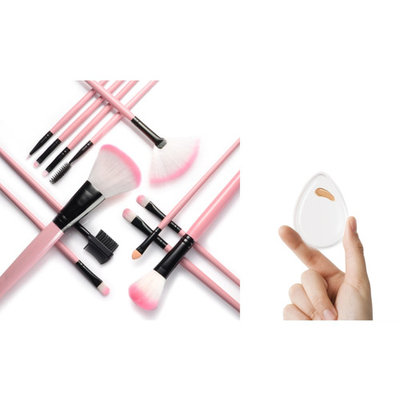 Zodaca 12pcs Makeup Brushes Set (12 Count) Powder Foundation Eye shadow Eyeliner Powder Blush Contouring Blending Tools with Pink Case Bag and Clear Water Drop Silicone Makeup Sponge Bundle