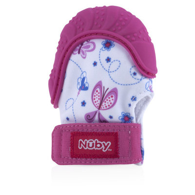Nuby Soothing Teething Mitten with Hygienic Travel Bag, Pink Butterfly