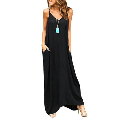 Women's Boho Loose Fit Beach Wear Spaghetti Straps Casual Maxi Dress