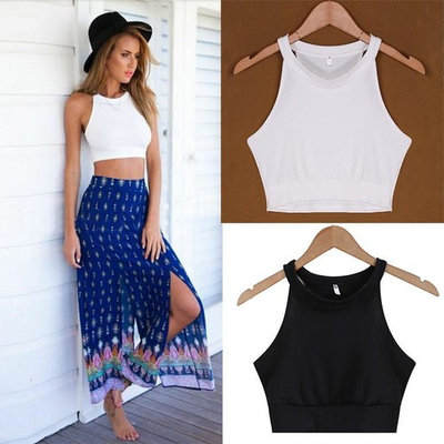 Women\'s Fashion Sleeveless O-Neck Sexy Slim Casual Solid Crop Top WSY