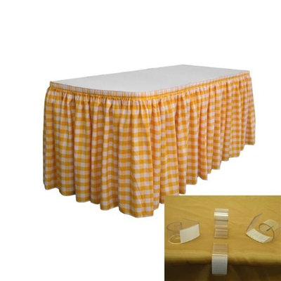 LA Linen SKTcheck17x29-10Lclips-DrkYellowK47 Polyester Gingham Checkered Table Skirt with 10 L-Clips White & Dark yellow - 17 ft. x 29 in.