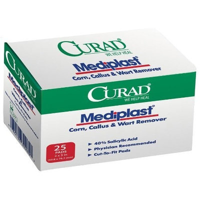 Curad Mediplast (25 Pads) Corn, Callus, and Wart Remover, 40% Salicylic Acid Pads for topical removal of corns, callus, or plantar warts