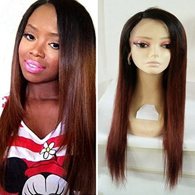 AllHairz Ombre Auburn Glueless Silky Straight Brazilian Virgin Human Hair Lace Front Wigs for Women 1b/30 Two Tone Color 150% Density
