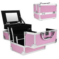 Imposes Makeup Train Case, Mini Portable Cosmetic Case with Mirror Jewelry Organizer Box Extendable Trays Aluminum Pink 8 x 6 x 6inch (US STOCK)