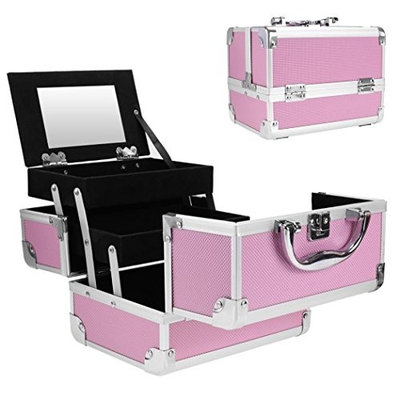 Imposes Makeup Train Case, Mini Portable Cosmetic Case with Mirror Jewelry Organizer Box Extendable Trays Aluminum Pink 8 x 6 x 6inch (US STOCK)
