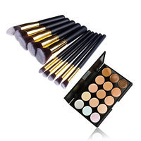 287 Shop 10Pcs Makeup Brush Kit Pince Maquiagem & 15 Color Concealer Palette 10014562