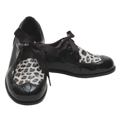L'Amour Black Patent Leopard Ribbon Tie Shoe Toddler 7 - Little Girl 4
