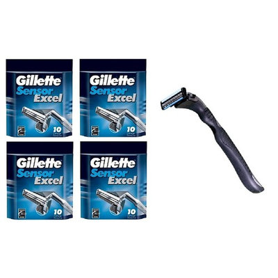 Compatible Razor Handle + Gillette Sensor Excel Refill Razor Blade Cartridges, 10 Ct (Pack of 4)