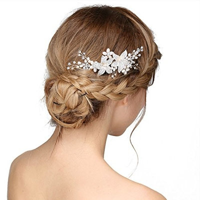 SWEETV Silver Crystal Wedding Hair Comb Rhinestone Side Comb - Handmade Flower Hair Accessories Head Pieces for Women