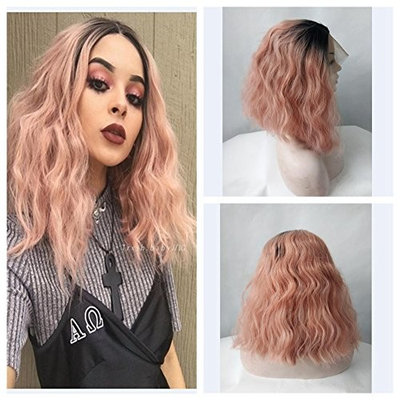 Ombre Dark Pink Short Bob Curly Style Synthetic Lace Front Wig Dark Roots Full Hair Lace Front Wigs For Women