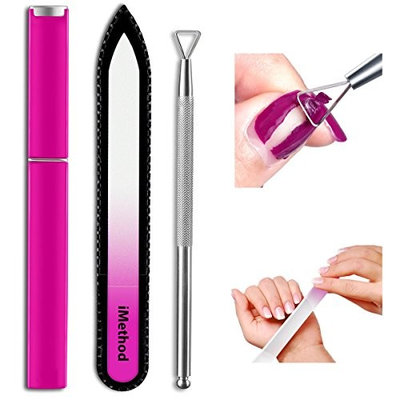 Glass Nail File with Cuticle Pusher - iMethod Genuine Czech Crystal Nail File with Case, Stainless Steel Professional Triangle Cuticle Pusher for Removing Gel Polish Easily, Lovely Pink