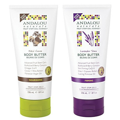 Andalou Naturals Kukui Cocoa Body Butter and Andalou Naturals Lavender Shea Body Butter Bundle With Moroccan Argan Oil and Evening Primrose Oil, 8 fl. oz. 236 ml each
