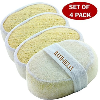 Exfoliating Loofah Bath Sponge Pads Pack Of 4 - Ultra Thick, Great For Exfoliating Shower - 100% Natural - Best Luffa Sponge And Spa Scrubber For Men And Women - Body wash sponge