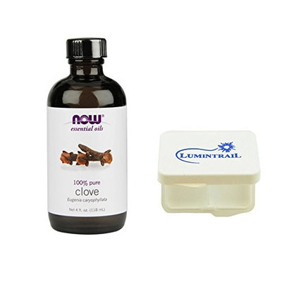 NOW Foods Essential Clove Oil Pure Eugenia Caryophyllata 4 oz Bundle with a Lumintrail Pill Case