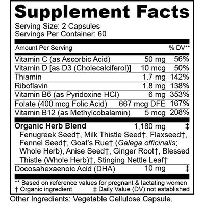 HMS Nutrition Organic Lactation Support Mother's Breast Feeding Aid Premium Vitamins and Organic Herb Formula 120 Count 2 Month Supply Fenugreek Milk Thistle Flaxseed Fennel Seed Goat's Rue