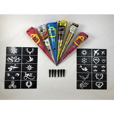 6 Pc India Henna Tattoo Kit Temporary Tattoo Paste Cone Body Art Painting Drawing with 20 Free Henna Stencil Set Black, Brown, Red, White, Blue, Rose
