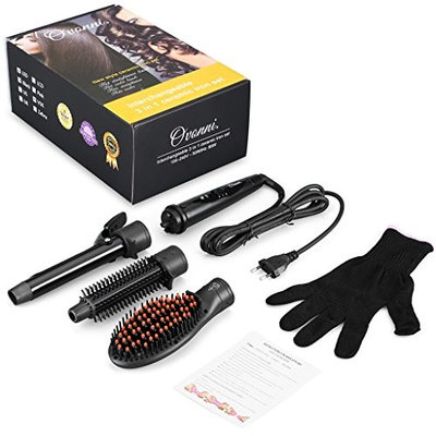 3 in 1 Ionic Hair Straightener Brush with 1-inch Ionic Tourmaline Ceramic Hair Curling Iron, Straightening Brush, Curling Brush and Heat-Resistant Glove, Fast Curling and Styling, Black