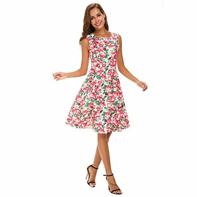 Party Dress for Women Ladies Print Hepburn Style Sleeveless Dress Women Vintage Sleeveless O Neck Floral Printed Evening Party Prom Dress