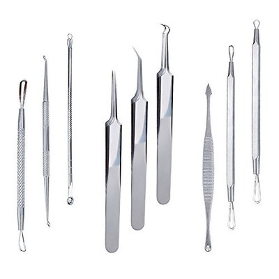 Blackhead Remover Acne Tool 9PCS Kit ,Professional Stainless Steel Curved Pimple Tweezers Comedone Extractor Instrument Tool Set for Curing Facial Blemish Whitehead