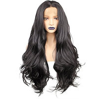 Anogol Hair Cap+26'' Natural Black 2# Lace Front Wig Long Wavy Wigs Middle Part Hair Synthetic Heat Resistant for Women Fancy Dress