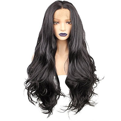 Anogol Hair Cap+26'' Natural Black 2# Lace Front Wig Long Wavy Wigs Middle Part Hair Synthetic Heat Resistant for Women Fancy Dress