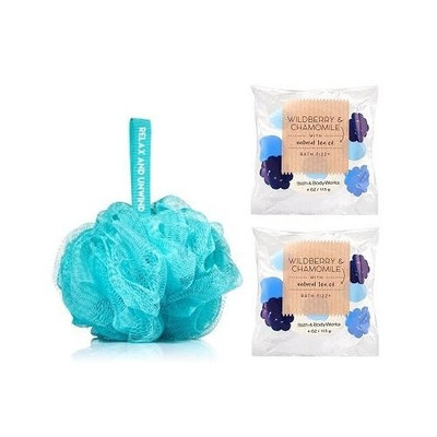 Bath and Body Works Bath Time Set. 2 Wildberry & Chamomile Bath Fizzy 4 Oz - 1 Blue Bath Sponge.