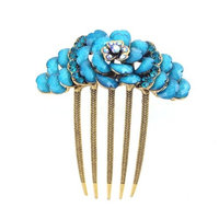 Antique Brass Rhinestone French Twist Comb Flower Blue