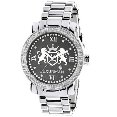 Designer Large Watches: Luxurman Phantom Real Diamond Watch for Men 0.12ct Black MOP Metal Band + Leather Straps
