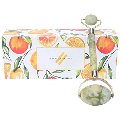 Honey & Be Jade Roller - Premium Quality 100% Natural Authentic Anti Aging Double Neck Healing Slimming Massager Jade Roller Therapy for Face Rejuvenating Skin Tool Includes Travel Pouch