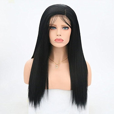 Rongduoyi Yaki Straight Long Synthetic Lace Front Wigs for Women Black Color Heat Resistant Fiber Wig Black Color(#1B,18inch)