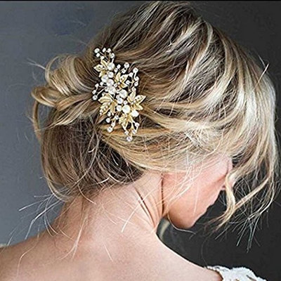 Aukmla Bridal Hair Barrette Set Wedding Hair Slides Leaves Rhinestones Barrette Hair Clips for Women and Girls (Set of 2) (Gold Color)