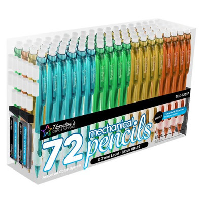 Thornton's Office Supplies Mechanical Pencils, HB #2, 0.7mm, Assorted Colors, Pack of 72 with Bonus Lead & Eraser Refills