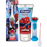Super Hero Inspired 3pc Bright Smile Oral Hygiene Set! Spider-Man Turbo Powered Toothbrush, Toothpaste & Mouthwash Rinse Cup! Plus Bonus