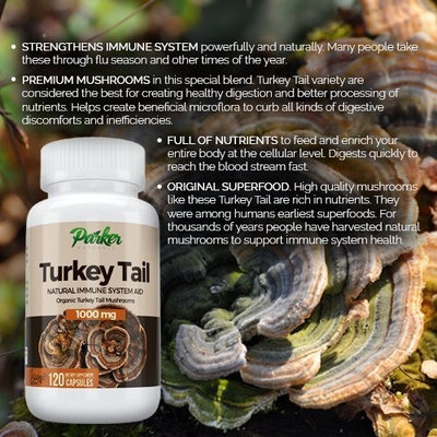 Premium Turkey Tail Mushroom Capsules by Parker Naturals Supports Immune System Health. Nature's Original Superfood. 120 Capsules